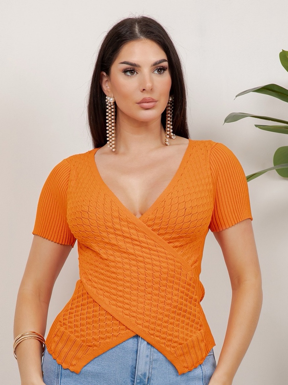 Wrapped V-Neck Short Sleeve Knit Top - Orange
